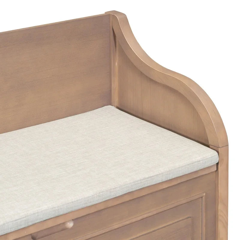 Banc de rangement rustique en bois massif pour entrée avec charnière de sécurité