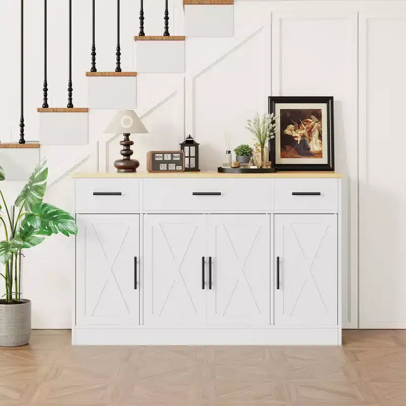 Buffet de cuisine Celebalcony avec rangement, grand buffet de cuisine de 135,6 cm avec 3 tiroirs et 4 portes, étagère réglable pour cuisine, salon