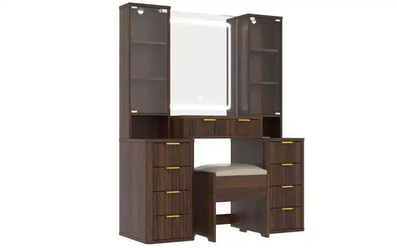 Ensemble de vanité moderne JVNOXK de 43,5 pouces avec miroir et lumière, doté de tiroirs et d'une armoire en verre transparent, inclut un tabouret et une station de recharge, marron
