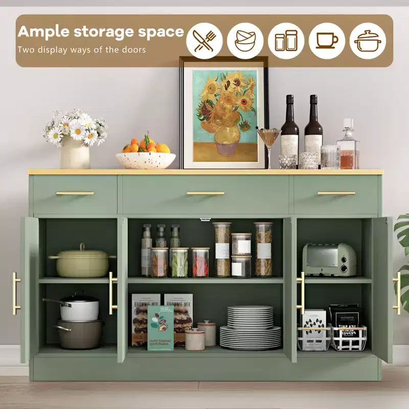 Buffet de cuisine Celebalcony avec rangement, grand buffet de cuisine de 135,6 cm avec 3 tiroirs et 4 portes, étagère réglable pour cuisine, salon