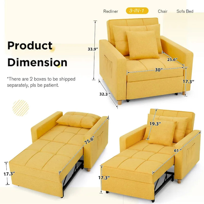 Fauteuil convertible 3-en-1, plusieurs coloris, une place