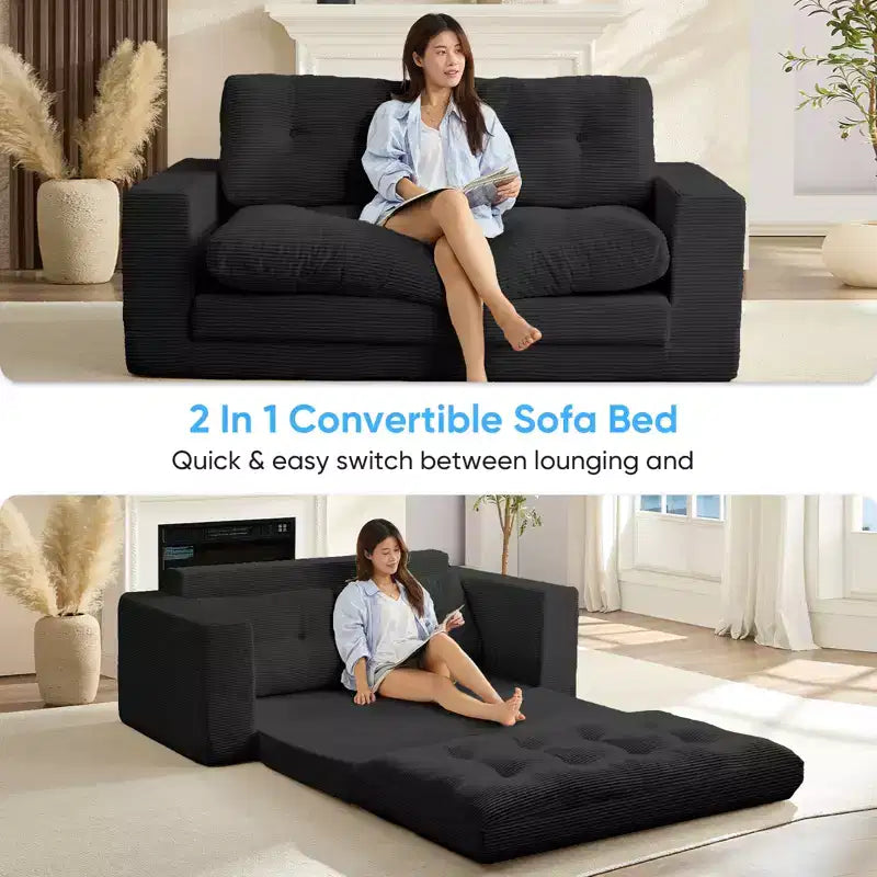 Mjkone Canapé-Lit Futon Convertible 2-en-1 180 cm, Canapé Deux Places Pliable en Tissu Côtelé avec Boutons Touffetés, Idéal pour Petits Espaces