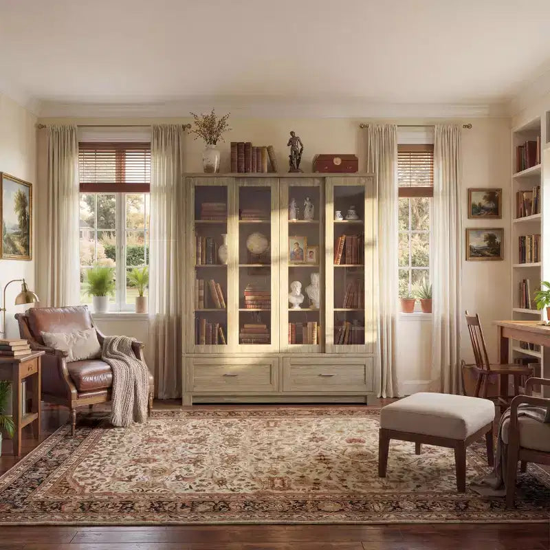 Bibliothèque-vitrine Famapy Chêne Clair : 63cm de large, Portes Coulissantes en Verre + Tiroir de Rangement Organisateur Spacieux pour Bibliothèques à Domicile et Salons