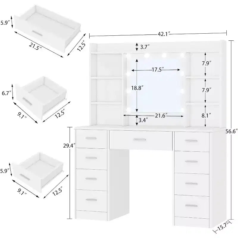 BALHAM TRADE-Coiffeuse avec miroir et lumières 9 tiroirs 6 étagères 3 modes d'éclairage Luminosité réglable
