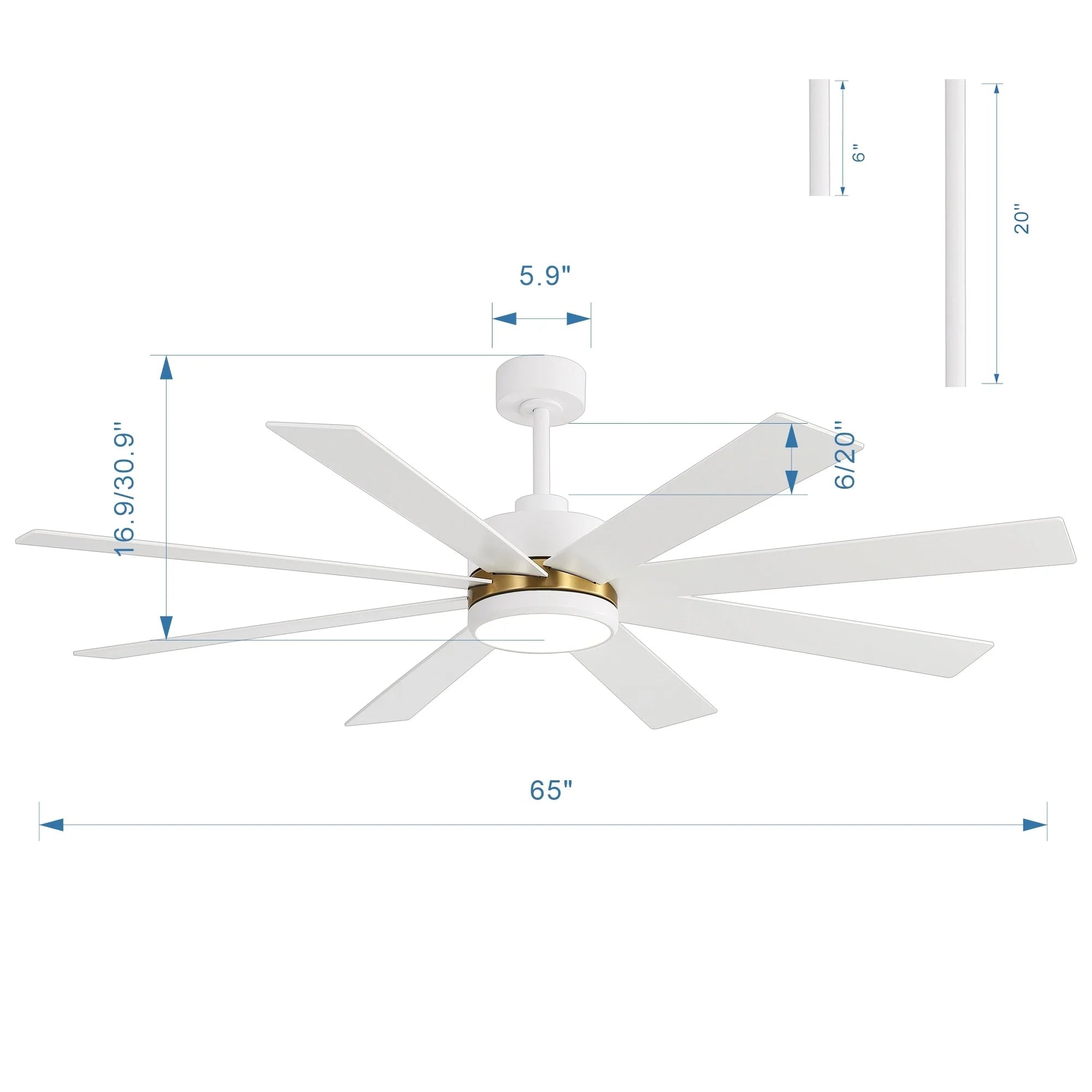 Ventilateur de plafond de 65 pouces à 8 pales noires avec lumière LED et télécommande