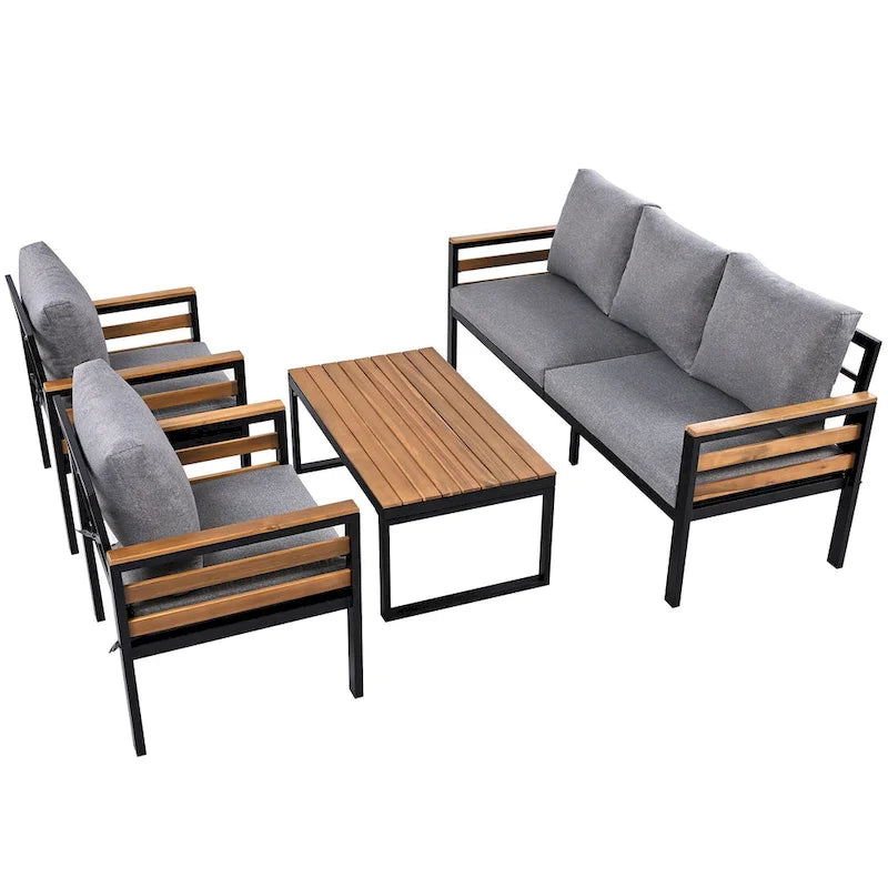 Ensemble de canapés d'extérieur 4 pièces pour 5 personnes avec table basse en bois massif et coussins amovibles