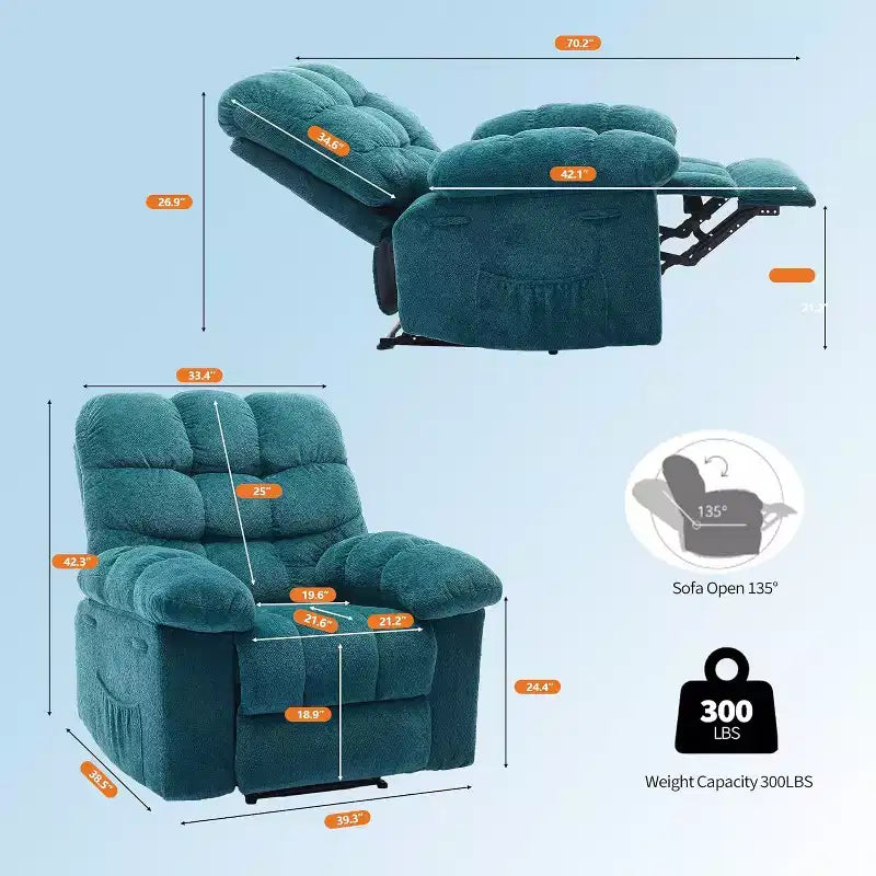 Fauteuil inclinable manuel, fauteuil inclinable ergonomique en tissu respirant avec poches latérales, canapé individuel, adapté au salon et à la chambre à coucher