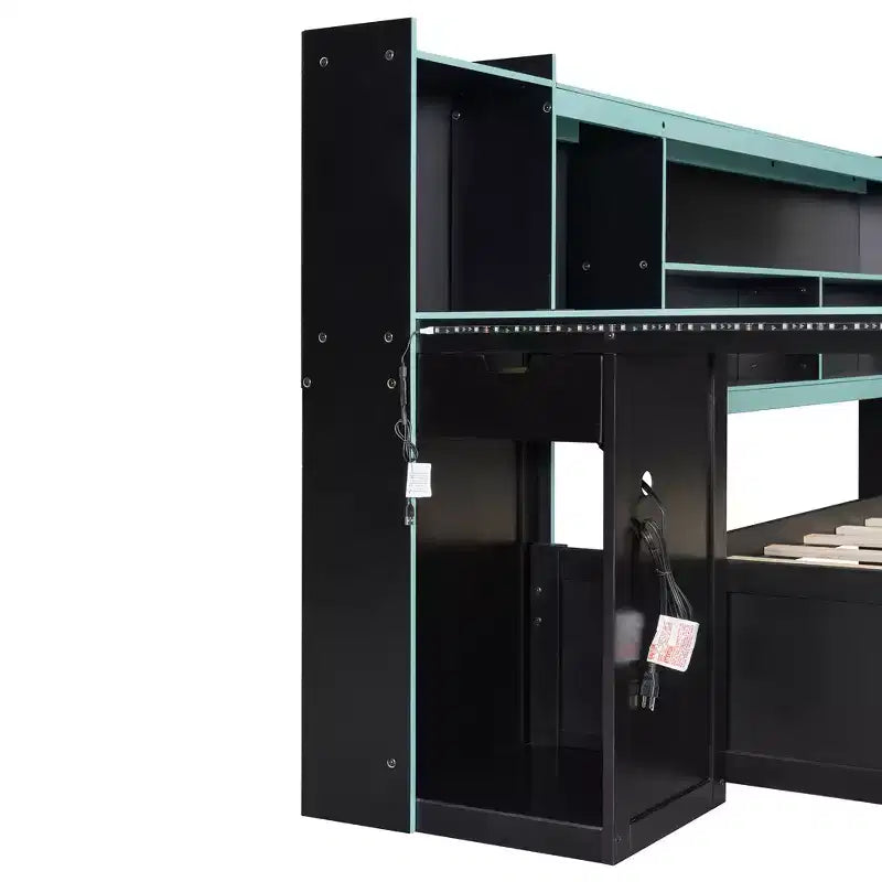 Lit de repos de jeu double/grand avec tête de lit bibliothèque, lumières LED, bureau intégré, tiroirs et station de charge