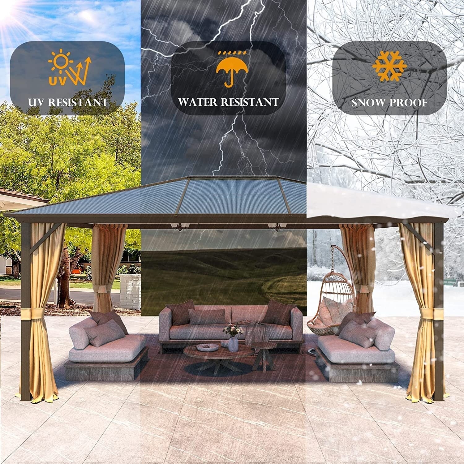 Tonnelle EROMMY à toit rigide, pergola extérieure avec double toit, moustiquaire et rideaux, auvent robuste pour patio, jardin, fête au bord de la piscine
