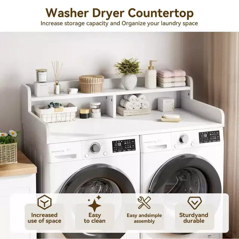 Comptoir de lave-linge et sèche-linge à 2 niveaux avec étagère ou tiroirs, couvercle de comptoir de buanderie avec coussin antidérapant, 54x27,5 - Dessus de lave-linge pour plier les vêtements
