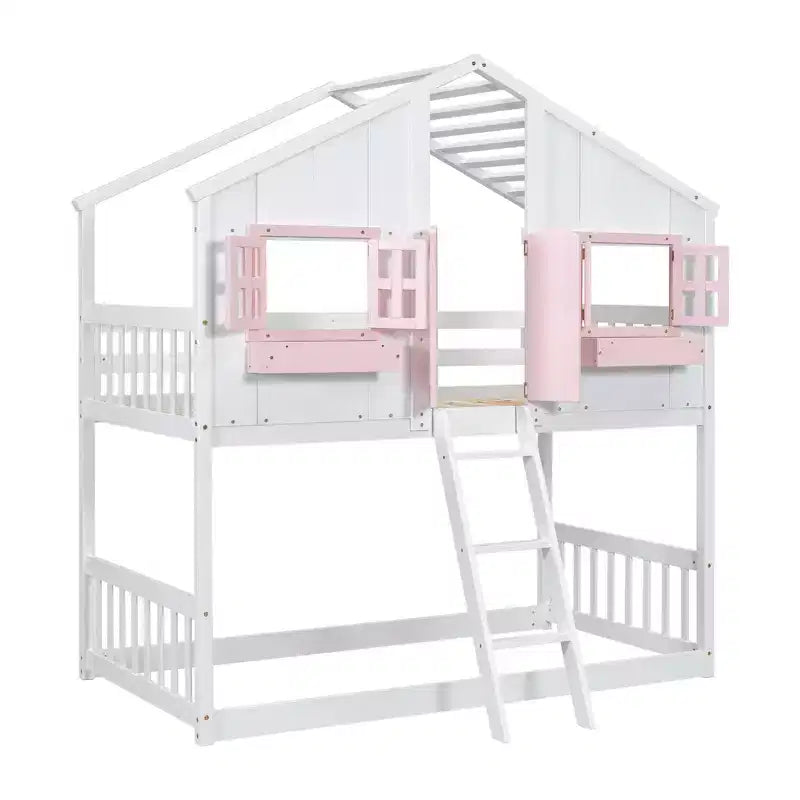 Lit mezzanine cabane de taille double, lit mezzanine cabane en bois avec échelle et barrières de sécurité pour enfants