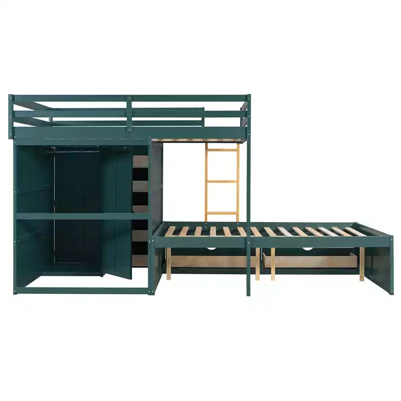 Lit superposé double sur double avec armoire de rangement et tiroirs, lit superposé double en bois peu encombrant avec garde-corps pour appartement, chambre à coucher
