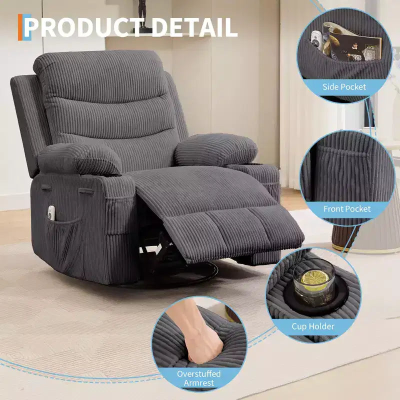 Fauteuil inclinable surdimensionné 360 pivotant et berçant avec massage et chaleur - Fauteuil de salon ergonomique avec porte-gobelets, poches latérales pour salon, chambre de bébé