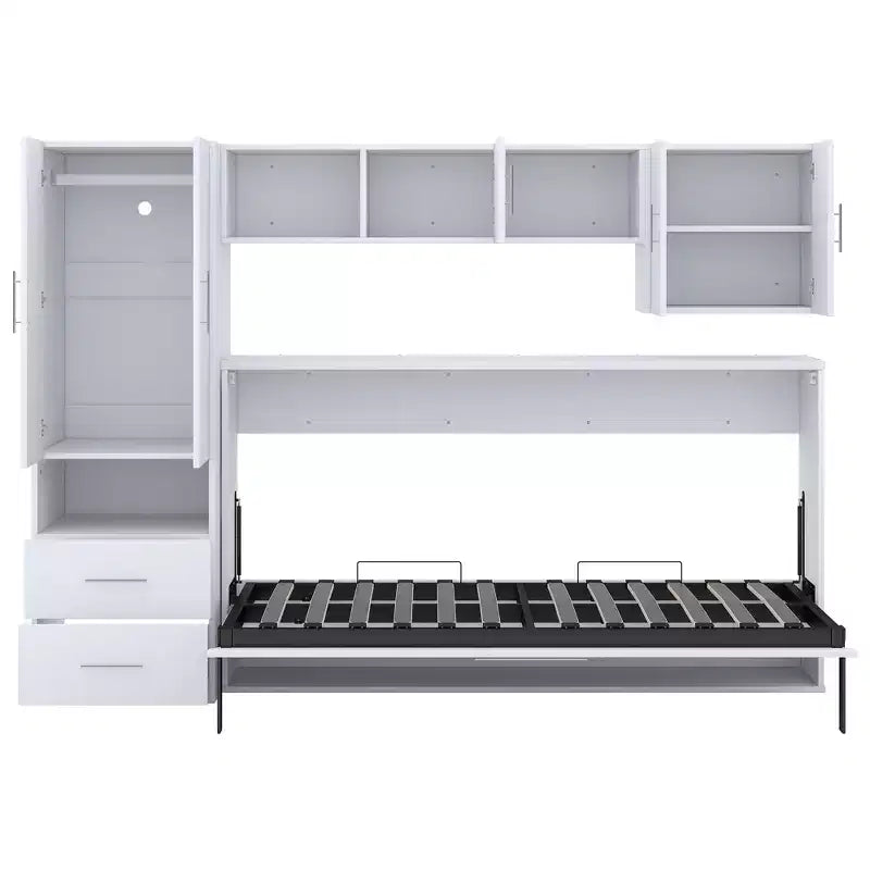 Lit escamotable mural simple, cadre de lit escamotable en bois avec armoire intégrée, tiroirs de rangement et étagères ouvertes, blanc - ModernLuxe