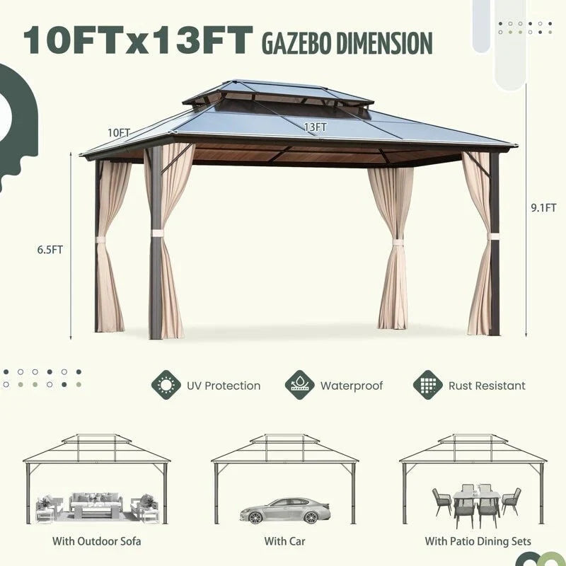 Tonnelle EROMMY à toit rigide, pergola extérieure avec double toit, moustiquaire et rideaux, auvent robuste pour patio, jardin, fête au bord de la piscine