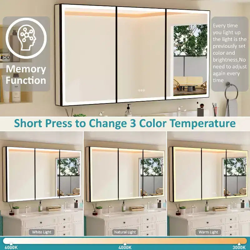 Armoire de toilette avec miroir LED, montage en saillie ou encastré, lumière dimmable, anti-buée, étagères réglables