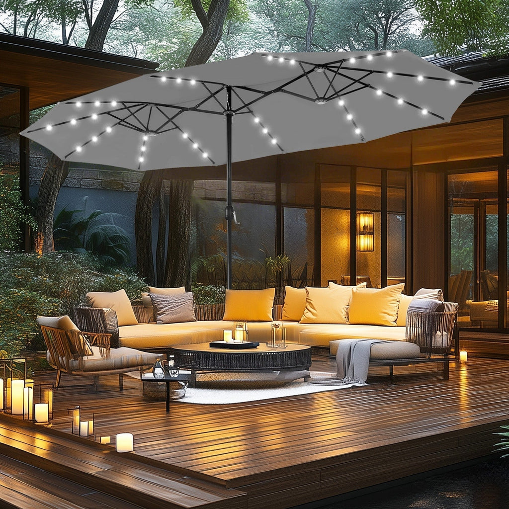 MAISON ARTS Parasol excentré rectangulaire de 4,5 m avec manivelle, parasol de marché double face d'extérieur avec lumières LED solaires et base incluse