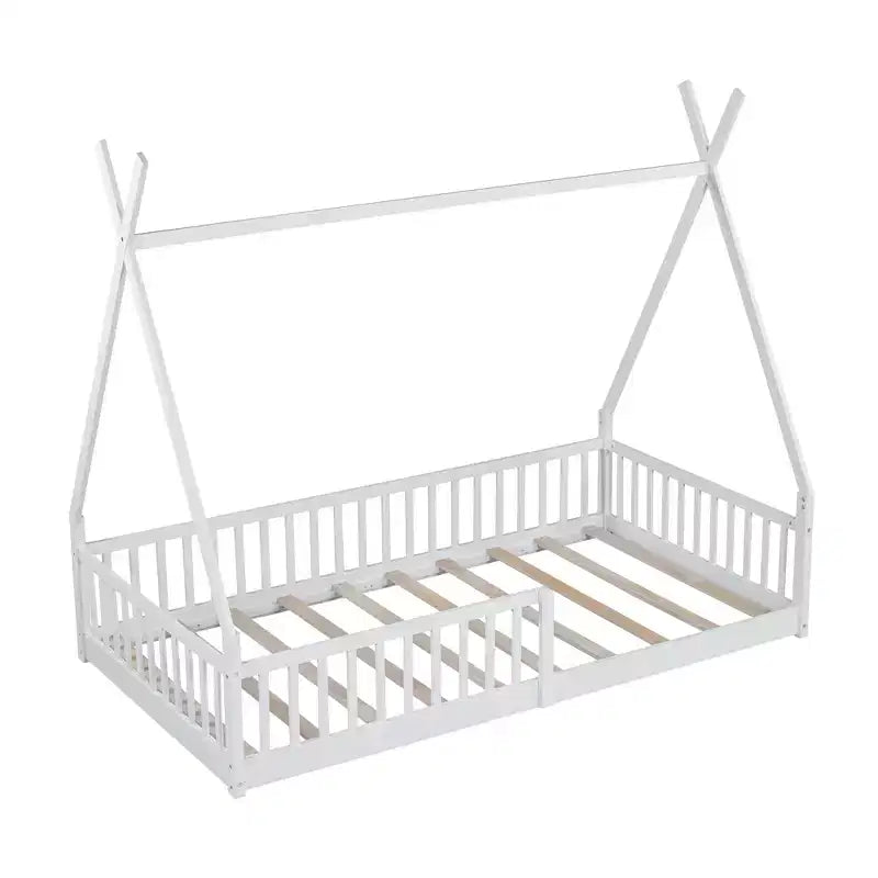 Lit de sol pour enfants, lits cabane doubles, lit de sol Montessori avec lattes et barrières de protection, cadre de lit cabane en bois pour garçons et filles