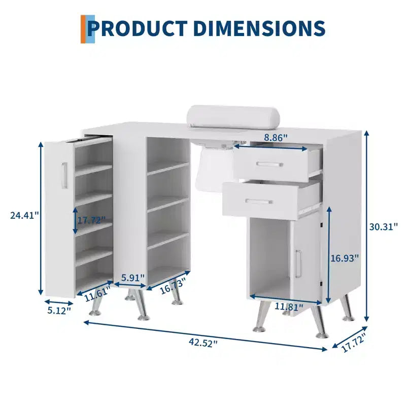 Table de manucure 42 pouces pour styliste ongulaire avec collecteur de poussière et repose-poignet, bureau pour ongles avec casier vertical coulissant, 1 armoire de rangement, 2 tiroirs