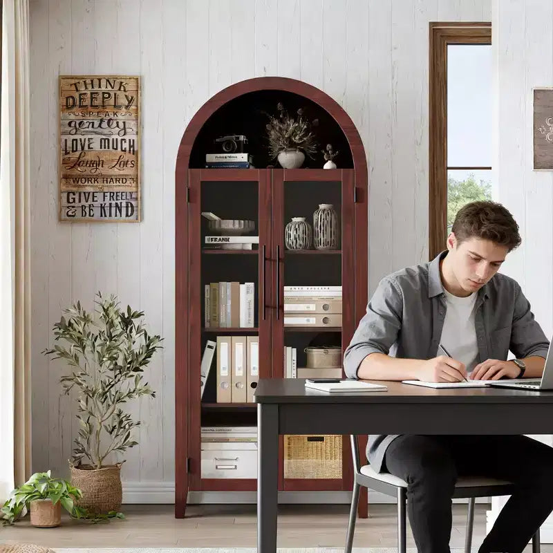 Haut meuble de rangement arqué avec portes vitrées, bibliothèque de présentation à 5 niveaux avec étagères réglables pour cuisine ou salon