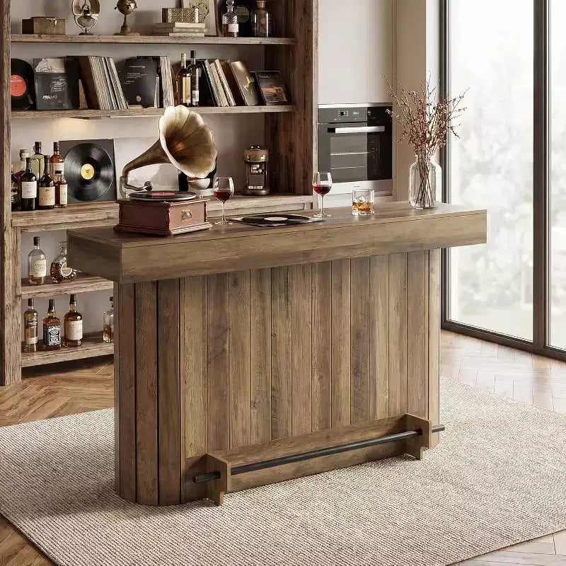Table de bar Lantine, meuble de bar en bois de 160 cm avec repose-pieds en métal, table de bistrot avec étagères de rangement pour salon, bistrot, salle à manger (marron)