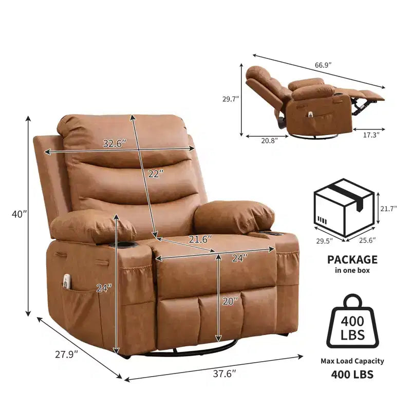 Fauteuil inclinable surdimensionné 360 pivotant et berçant avec massage et chaleur - Fauteuil de salon ergonomique avec porte-gobelets, poches latérales pour salon, chambre de bébé
