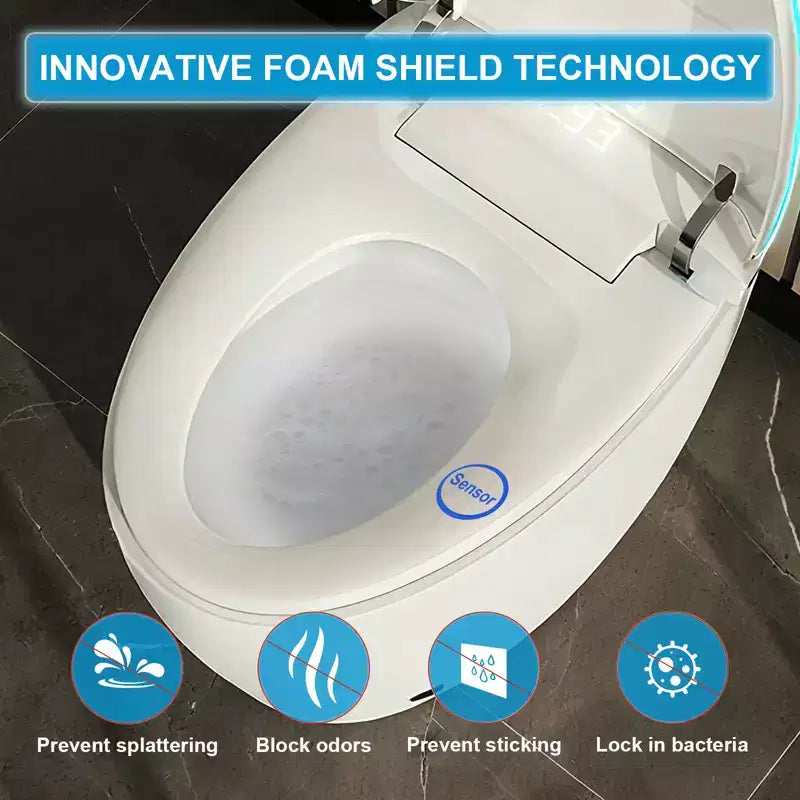 Toilette Bidet Intelligente avec Abattant et Siège à Ouverture/Fermeture Automatique, Chasse d'Eau à Capteur au Pied, Design Monobloc Allongé Sans Réservoir, Siège Chauffant