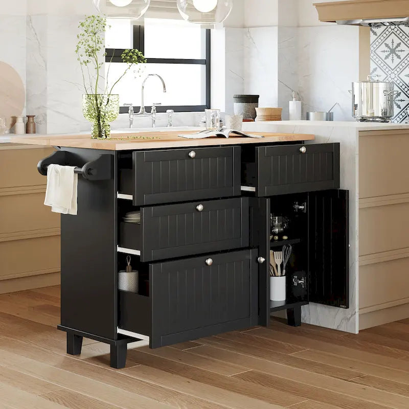 Ensemble d'îlot de cuisine TOPMAX avec abattant et 2 tabourets, ensemble de table à manger avec étagère réglable, tiroirs et porte-serviettes