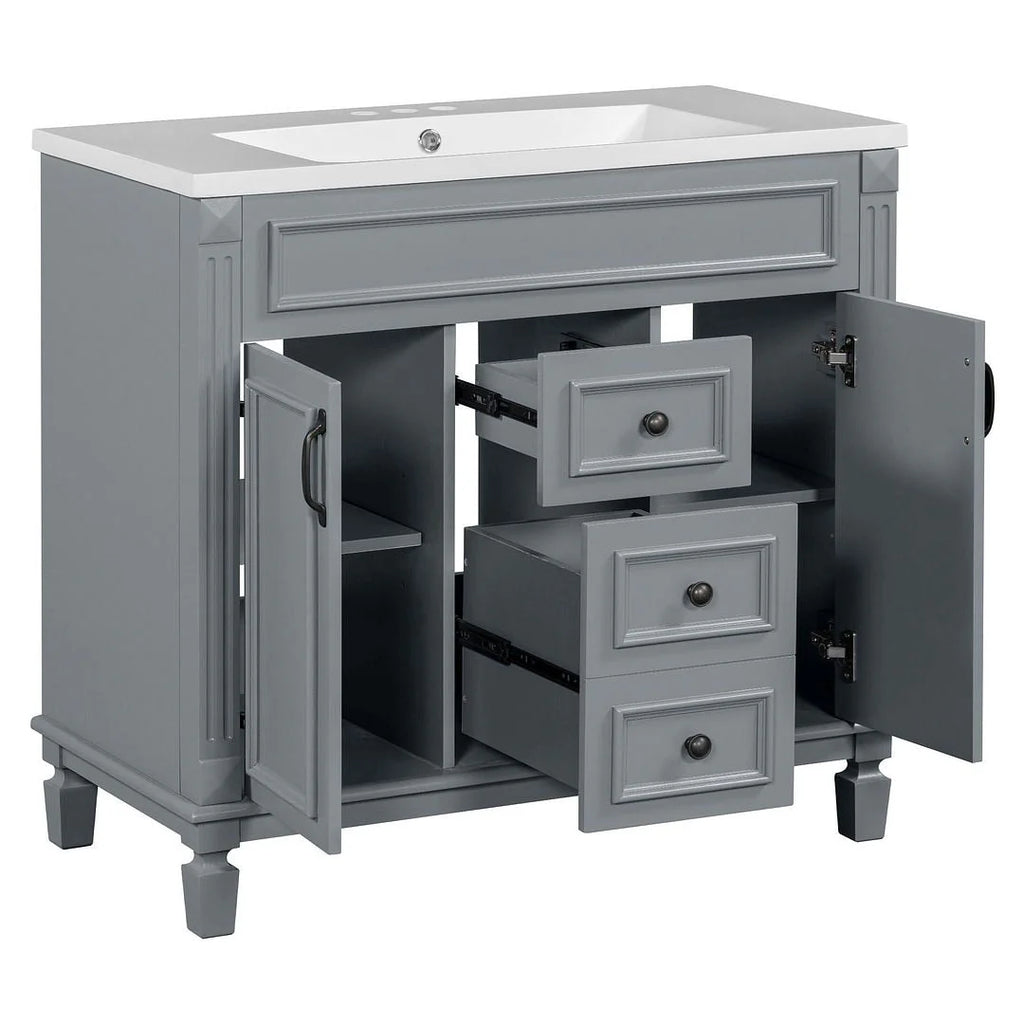 Meuble-lavabo de salle de bain moderne de 91 cm avec lavabo et armoire de toilette, 2 portes et 2 tiroirs