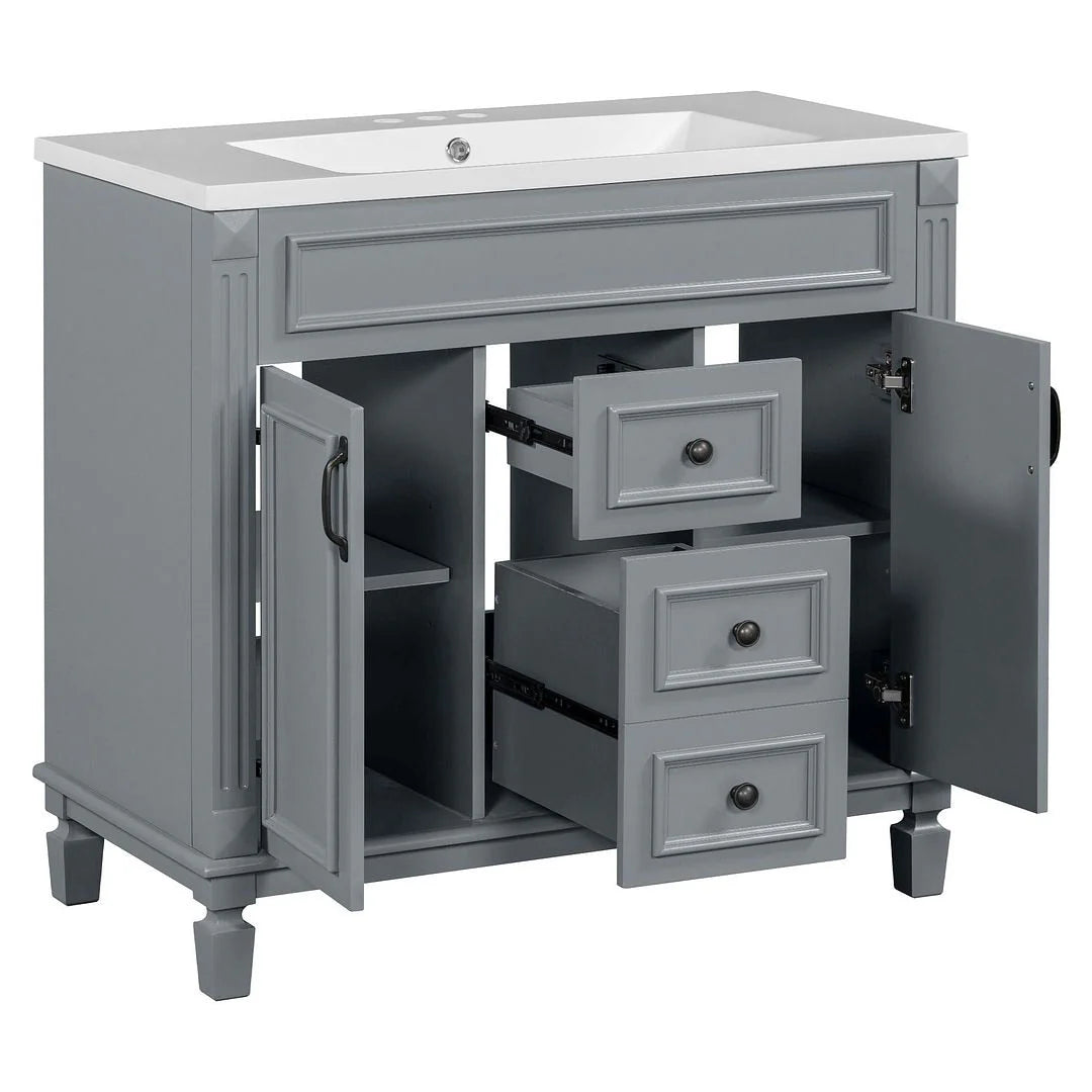 Meuble-lavabo de salle de bain moderne de 91 cm avec lavabo et armoire de toilette, 2 portes et 2 tiroirs