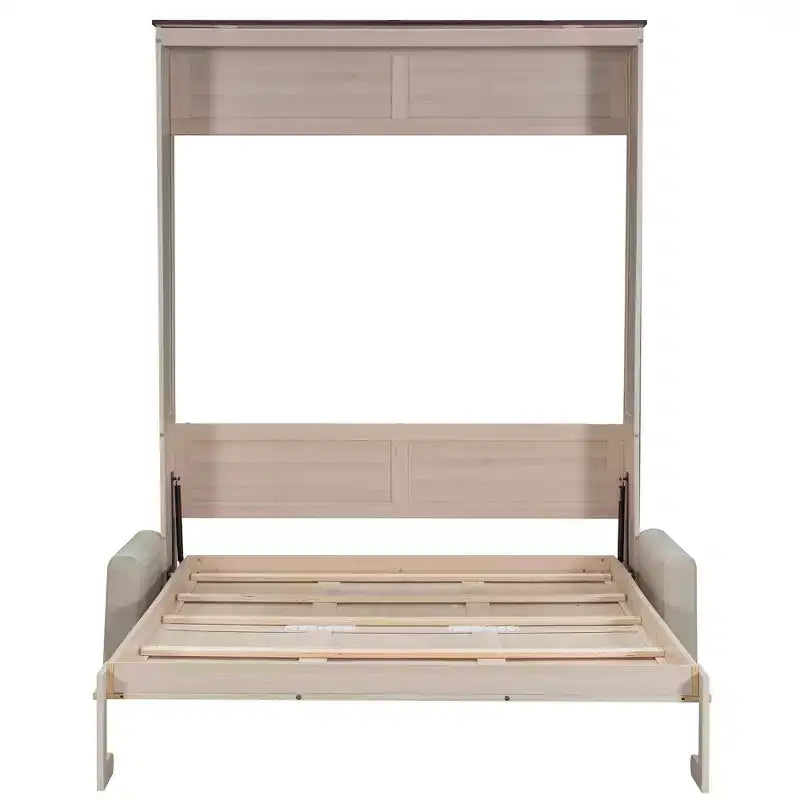 Lit escamotable Queen Size avec canapé, Lit escamotable Queen Size en bois avec éclairage LED, Lit escamotable pliant avec coffre pour chambre d'amis, Beige