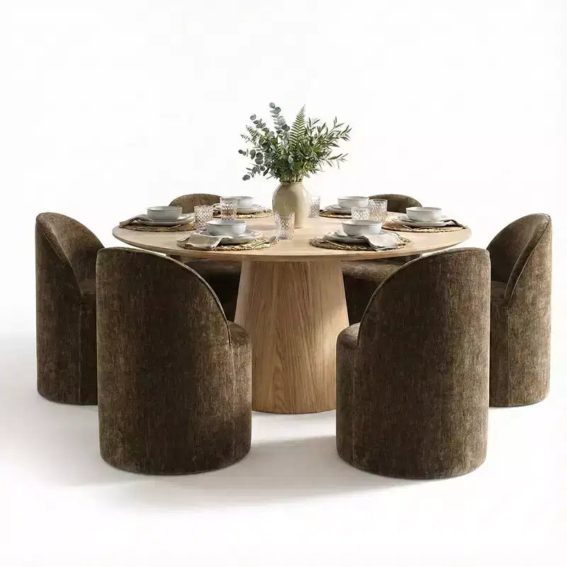 Ensemble de salle à manger moderne pour 6 personnes, table à manger ronde avec pied central, chaises de salle à manger pivotantes à roulettes, tissu chenille texturé - Panipeachy