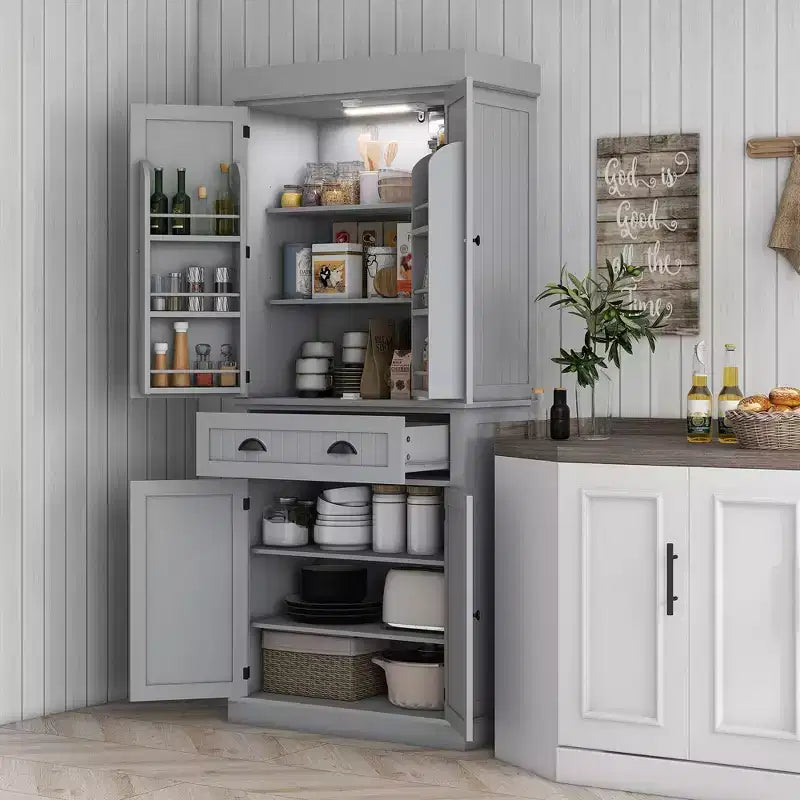Garde-manger de cuisine de 71 po avec lumières DEL, 6 tablettes de porte, un tiroir et 4 tablettes réglables