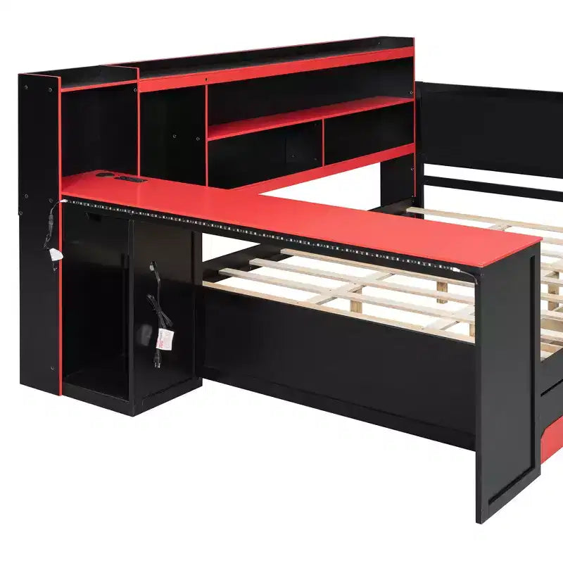 Lit de repos de jeu double/grand avec tête de lit bibliothèque, lumières LED, bureau intégré, tiroirs et station de charge