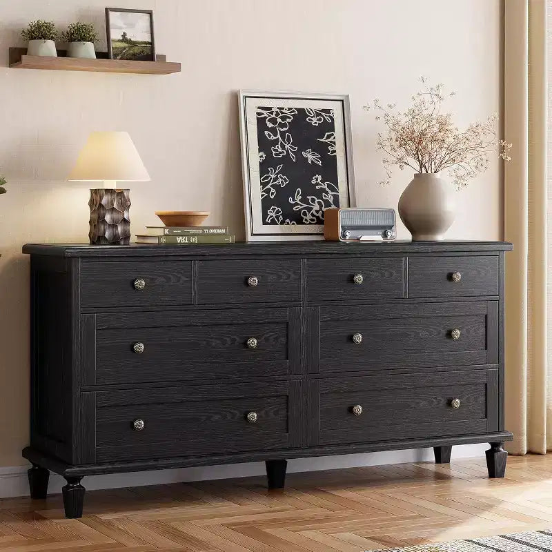 Commode à 8 tiroirs pour chambre à coucher, meuble TV vintage de 59 po avec poignées sculptées et pieds fuselés, commode en bois avec grande capacité de rangement