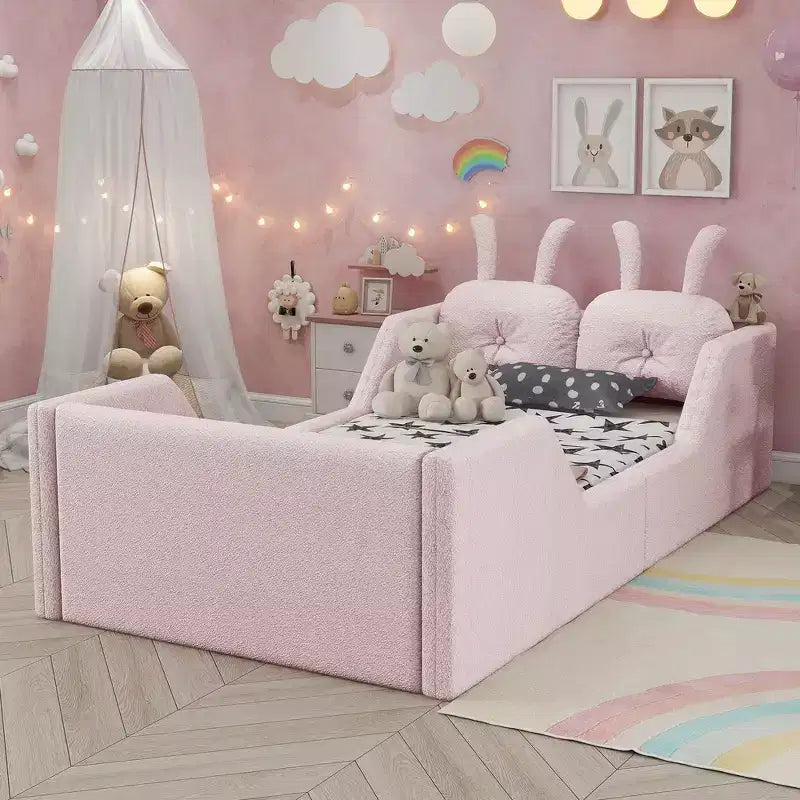 Lit plateforme double Whisen, cadre de lit rembourré pour enfants avec coussin lapin, barrières latérales amovibles