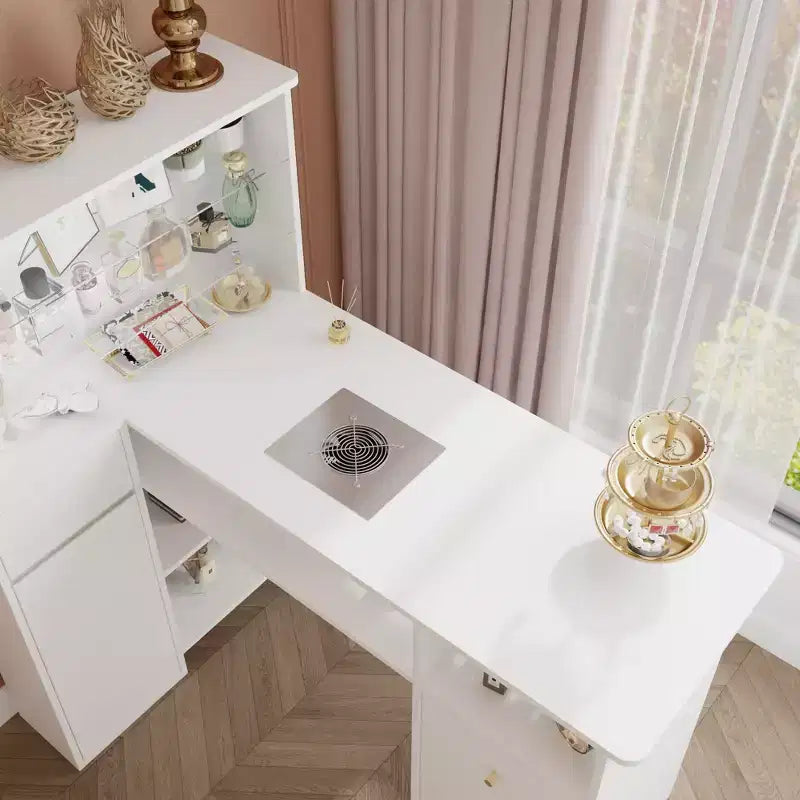 Table à ongles blanche avec extracteur de poussière intégré, écran en verre trempé, poignées dorées, poste de travail de salon de manucure, table de maquillage