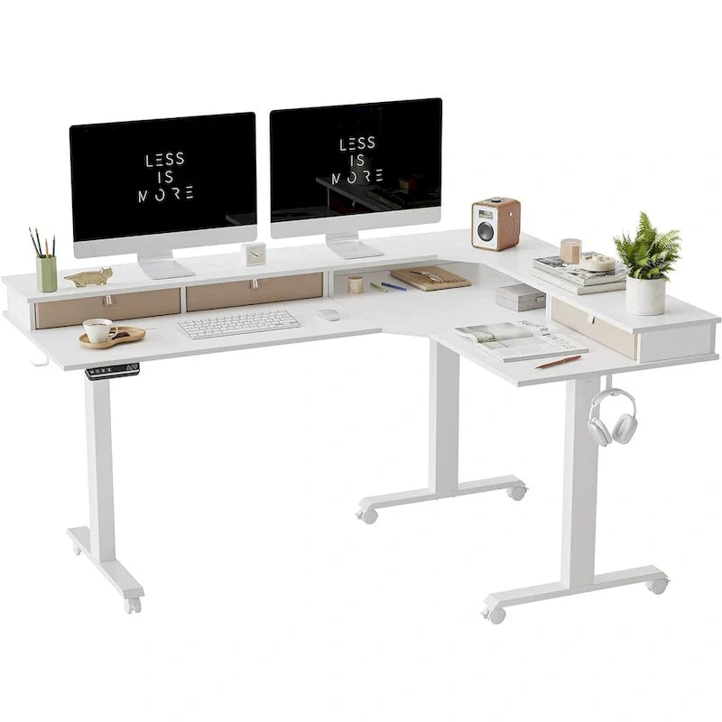 Bureau d'angle électrique debout avec 3 tiroirs et roulettes verrouillables, 160