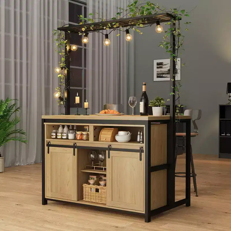 Îlot de cuisine, étagère de boulanger avec porte coulissante de grange, grande table îlot de cuisine de 106 cm avec support micro-ondes à 3 niveaux, étagères de four, ensemble table de bar à café