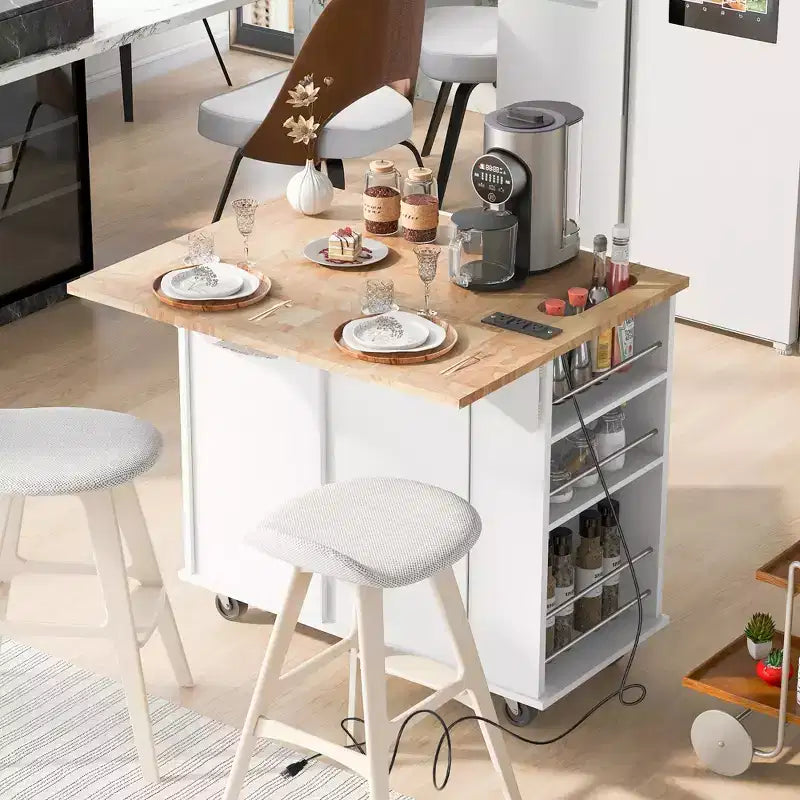Îlot de cuisine mobile avec prise de courant, abattant et plateau en bois d'hévéa
