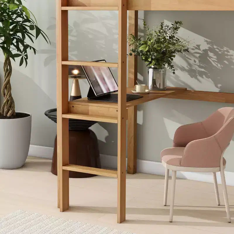 Lit mezzanine Okak Minimalism avec échelle, lit mezzanine simple en bois d'hévéa avec garde-corps de sécurité et bureau intégré, cadres de lit pour enfants, adolescents