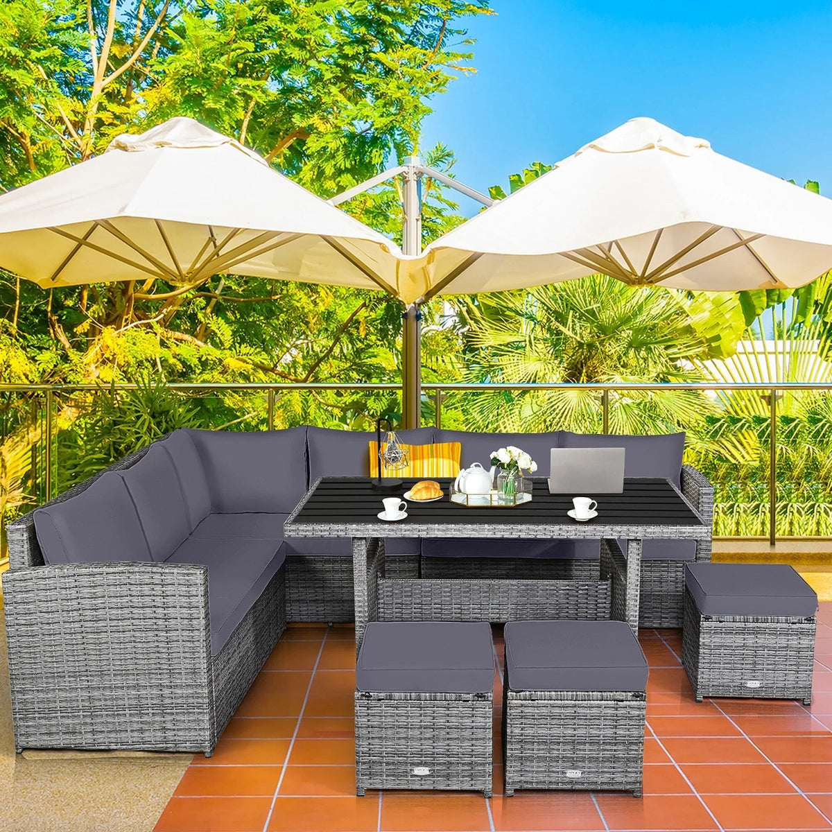 Ensemble de salle à manger Costway 7 pièces en rotin pour terrasse, canapé sectionnel et pouf - Voir détails