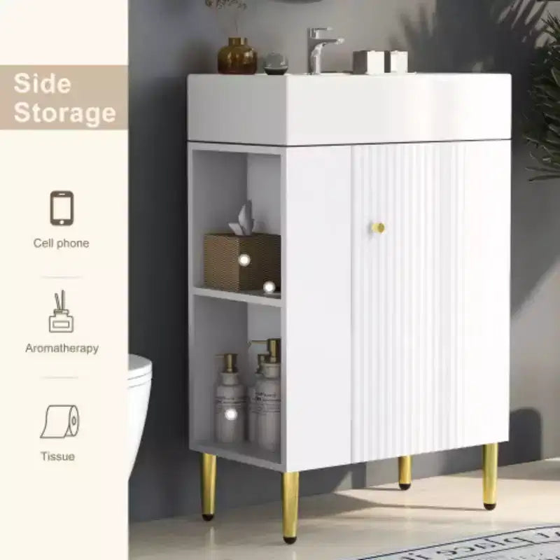 Meuble-lavabo de salle de bain blanc de 21,6 po, ensemble avec meuble de rangement, vasque en céramique simple, rangement à gauche