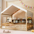 Cadre de lit en bois pleine grandeur Whisen, lit de repos en forme de maison avec clôture, 3 étagères de rangement, rideau