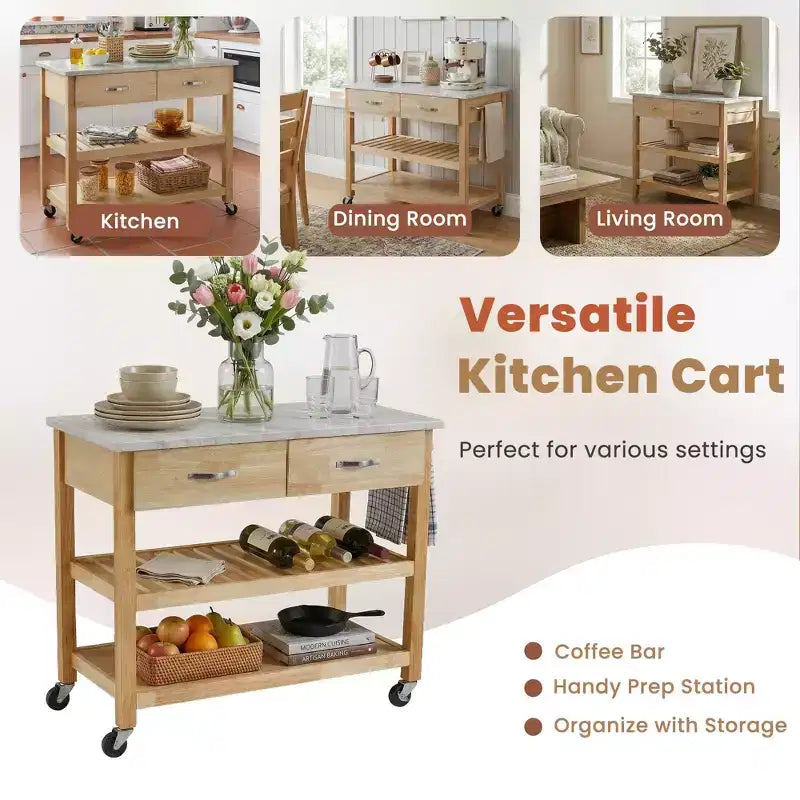 Desserte de cuisine roulante avec plateau en marbre, îlot de cuisine en bois massif avec 2 tiroirs, chariot de cuisine à 3 niveaux avec roues détachables verrouillables et porte-serviettes