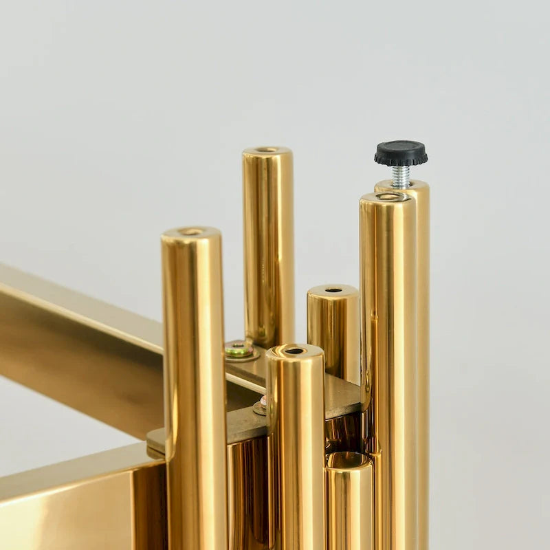 Console étroite à 2 niveaux avec structure en métal doré et plateau en verre trempé