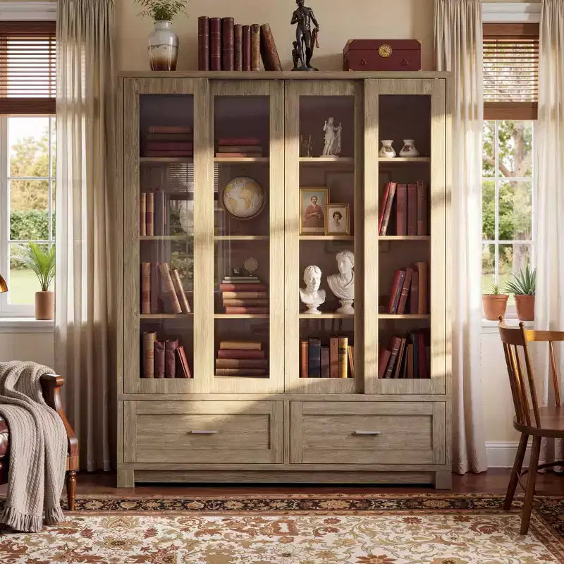 Bibliothèque-vitrine Famapy Chêne Clair : 63cm de large, Portes Coulissantes en Verre + Tiroir de Rangement Organisateur Spacieux pour Bibliothèques à Domicile et Salons