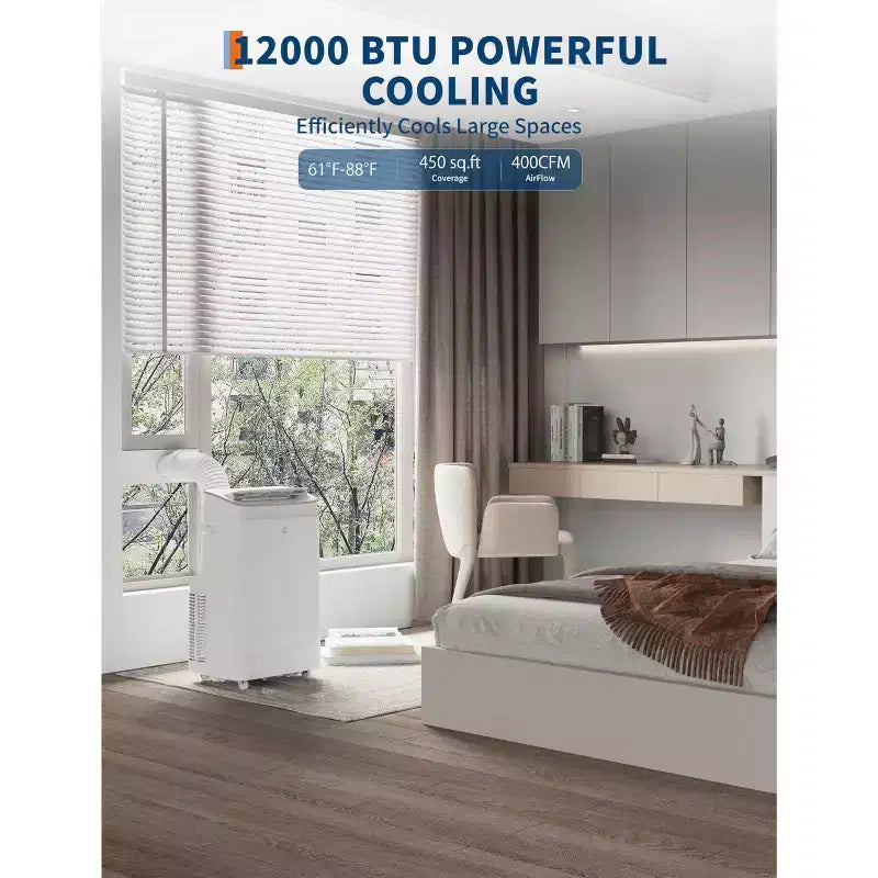 Climatiseur portable 15 000 BTU, unité de climatisation portable 3-en-1 avec déshumidificateur et ventilateur, mode veille, télécommande et panneau LED, rafraîchit 850 pieds carrés, silencieux