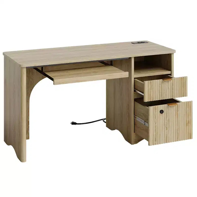 Bureau d'ordinateur intelligent Bestier 55, bureau en chêne avec tiroirs de classement et prise de courant, bureau de direction avec rangement ouvert et tiroir à clavier