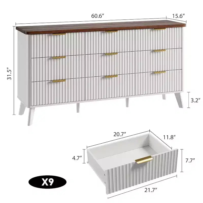Commode cannelée à 9 tiroirs, commode moderne, meuble TV en bois, design à profil incurvé, pour salon, couloir